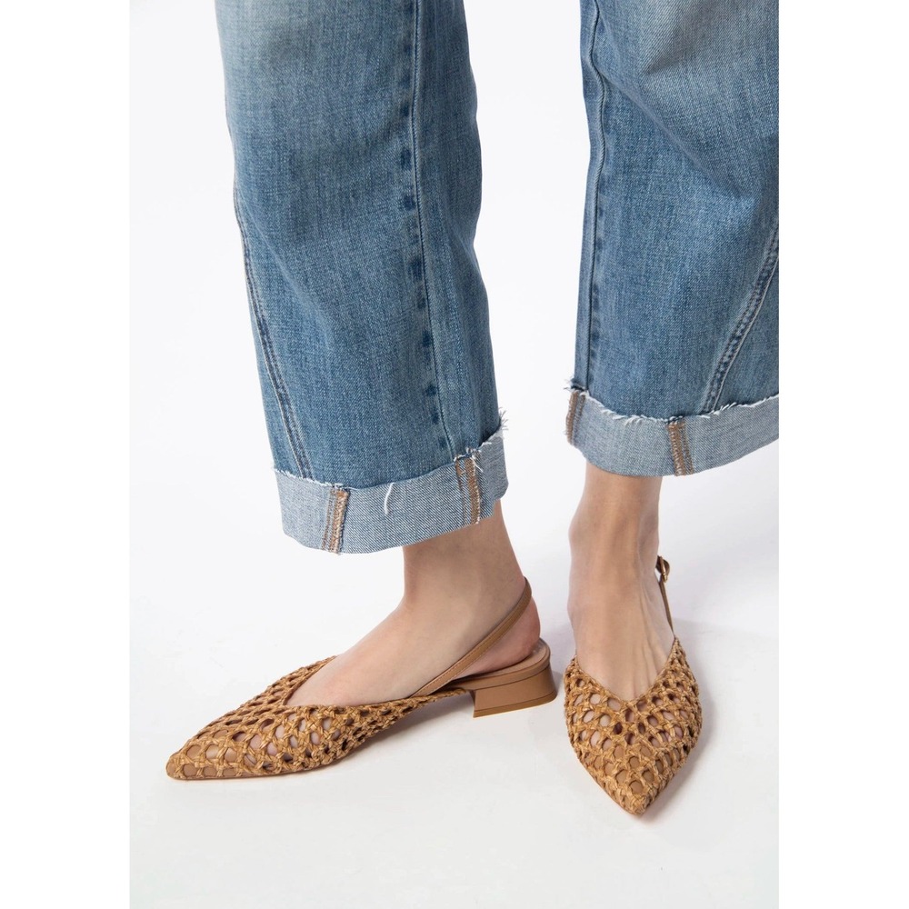 L'Idea Made in Italy Woven Raffia Slingback Pointed Toe Flats Tan Size 38